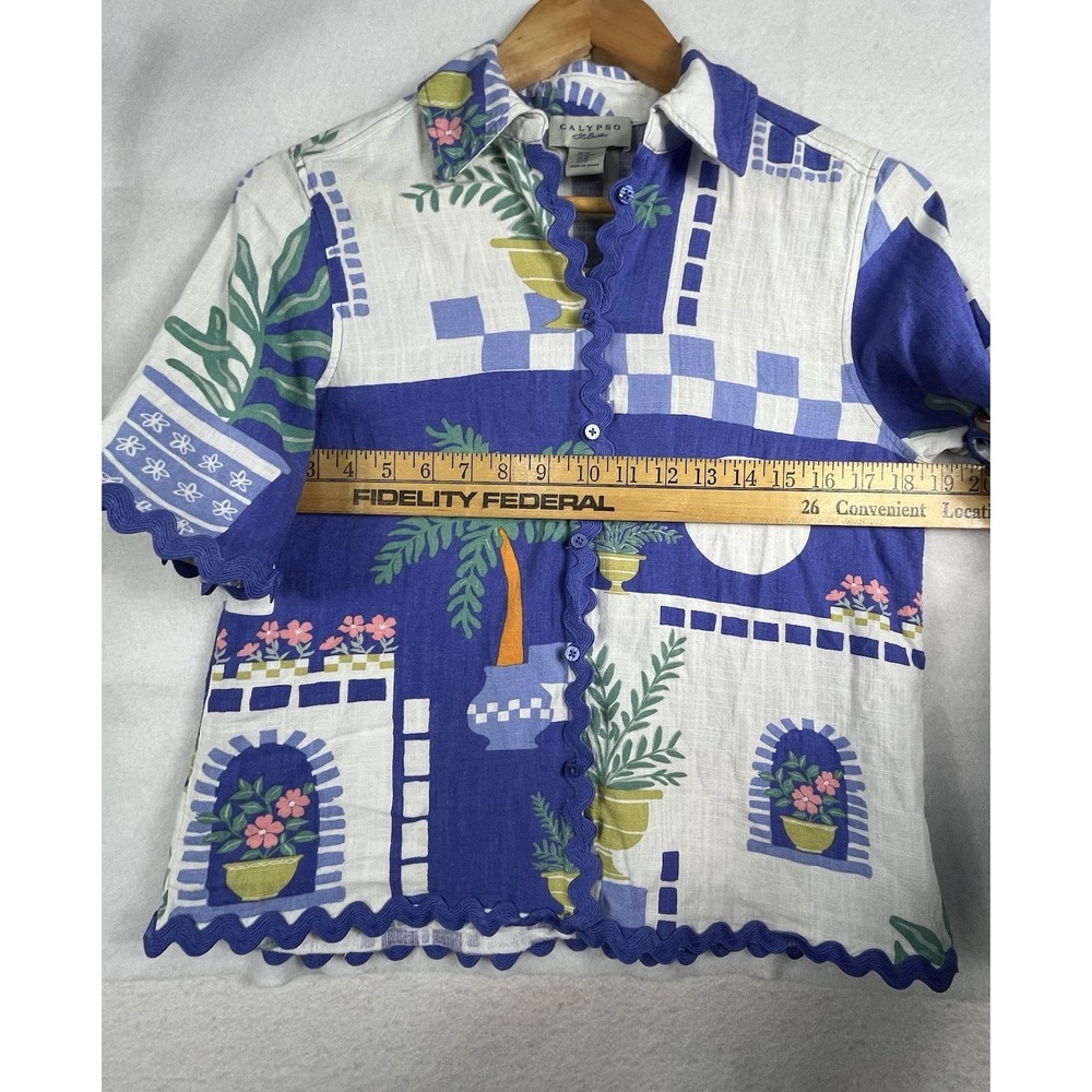 Calypso St Barth XS Linen Blend Ric Rac Trim Button Front Top Blue Print - Picture 6 of 10